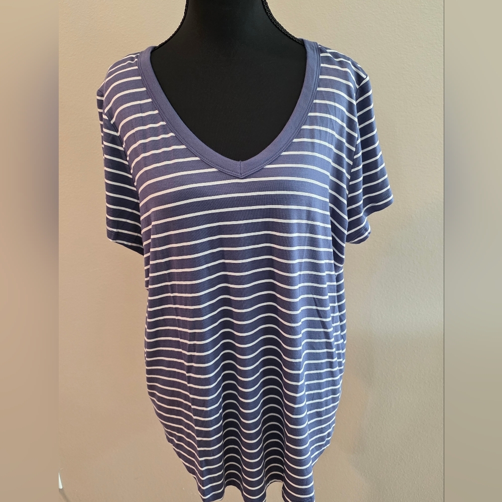 SO Blue and White Striped V-Neck Tee